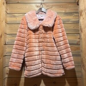 Pink Faux Fur Coat Lapel Collar Plush Cozy Winter Jacket XXS/XS